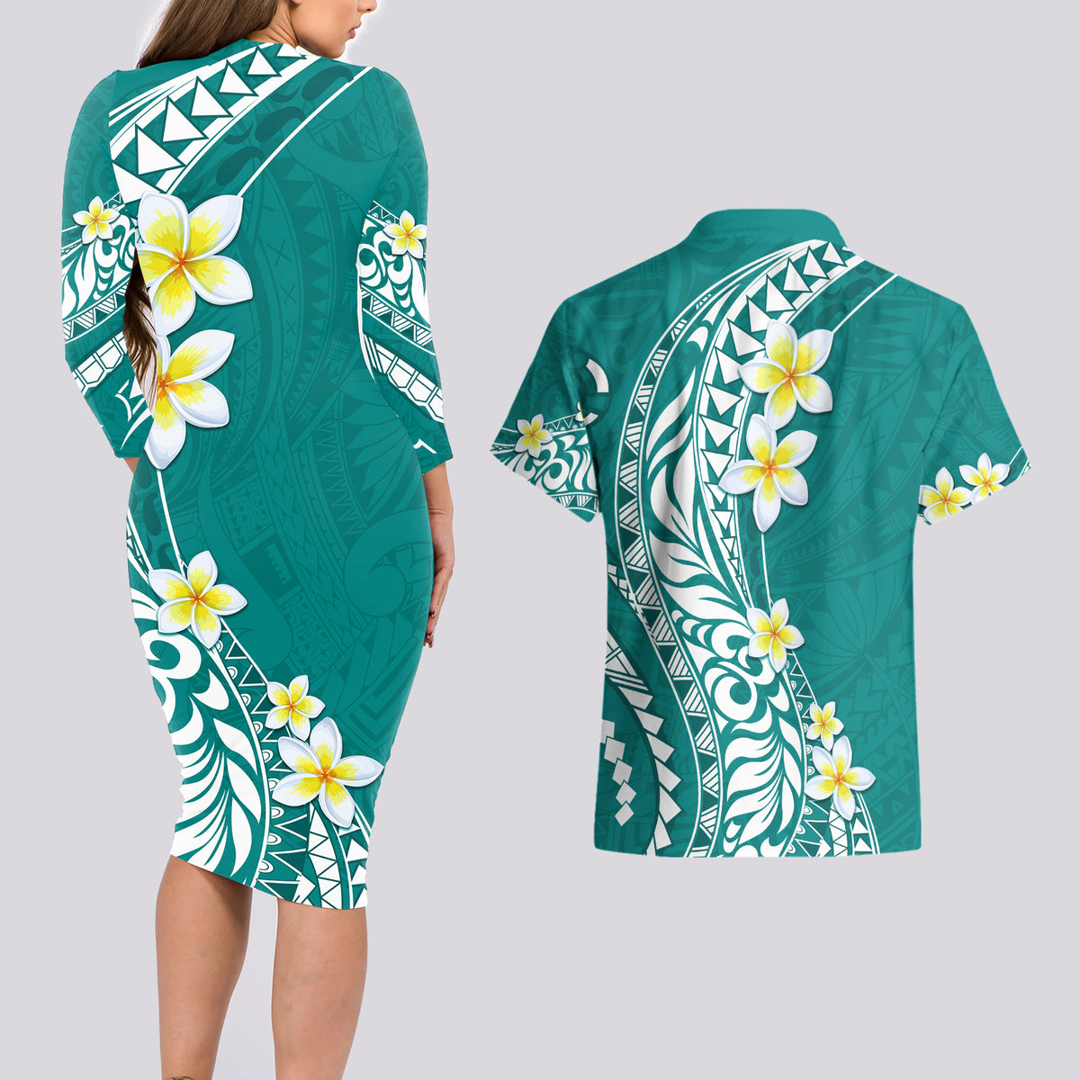 Hawaii Aloha Couples Matching Long Sleeve Bodycon Dress and Hawaiian Shirt Plumeria Vintage - Teal LT7 - Polynesian Pride
