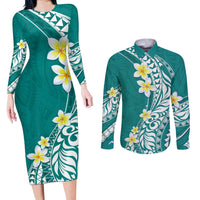 Hawaii Aloha Couples Matching Long Sleeve Bodycon Dress and Long Sleeve Button Shirt Plumeria Vintage - Teal LT7 Teal - Polynesian Pride