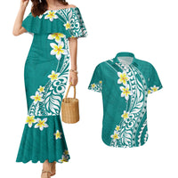 Hawaii Aloha Couples Matching Mermaid Dress and Hawaiian Shirt Plumeria Vintage - Teal LT7 Teal - Polynesian Pride