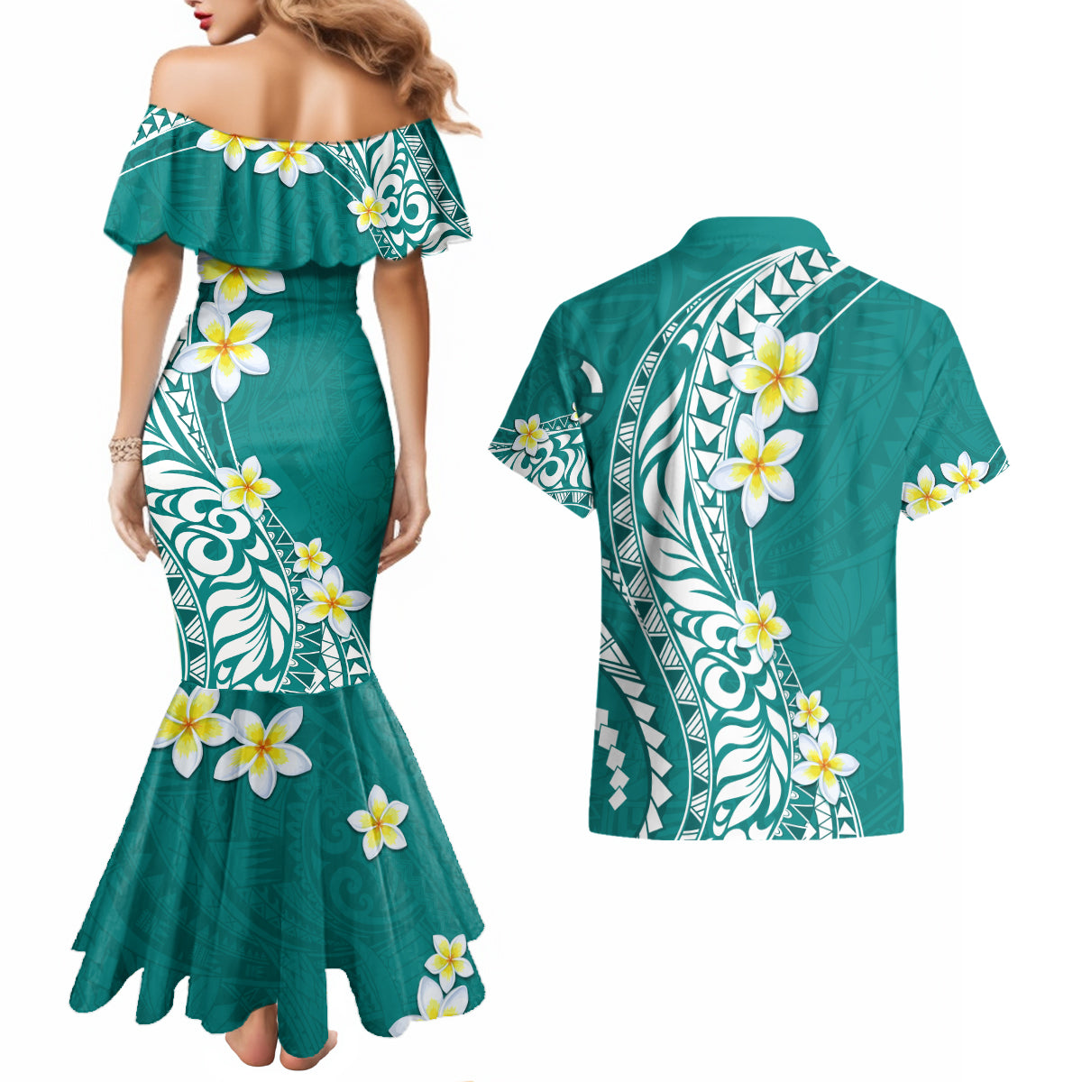 Hawaii Aloha Couples Matching Mermaid Dress and Hawaiian Shirt Plumeria Vintage - Teal LT7 - Polynesian Pride