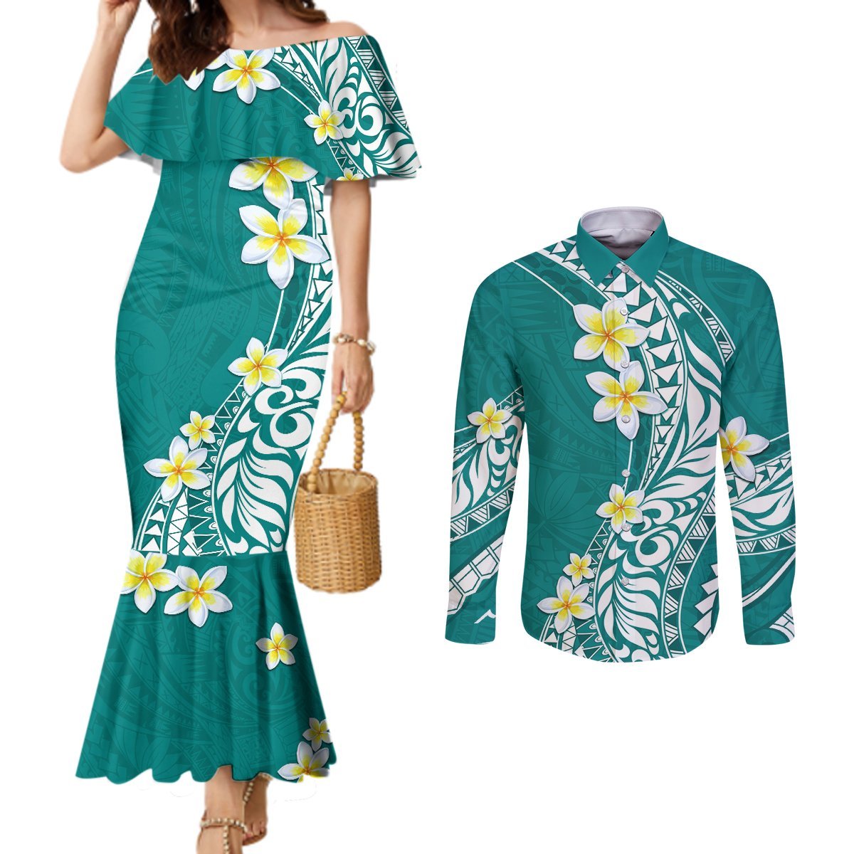 Hawaii Aloha Couples Matching Mermaid Dress and Long Sleeve Button Shirt Plumeria Vintage - Teal LT7 Teal - Polynesian Pride