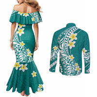 Hawaii Aloha Couples Matching Mermaid Dress and Long Sleeve Button Shirt Plumeria Vintage - Teal LT7 - Polynesian Pride