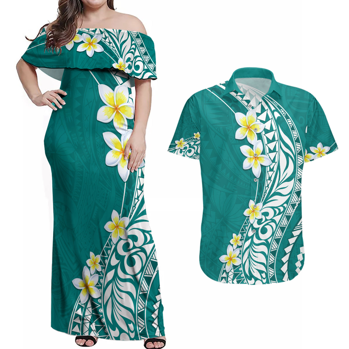 Hawaii Aloha Couples Matching Off Shoulder Maxi Dress and Hawaiian Shi Hawaii Aloha Couples Matching Off Shoulder Maxi Dress and Hawaiian Shi