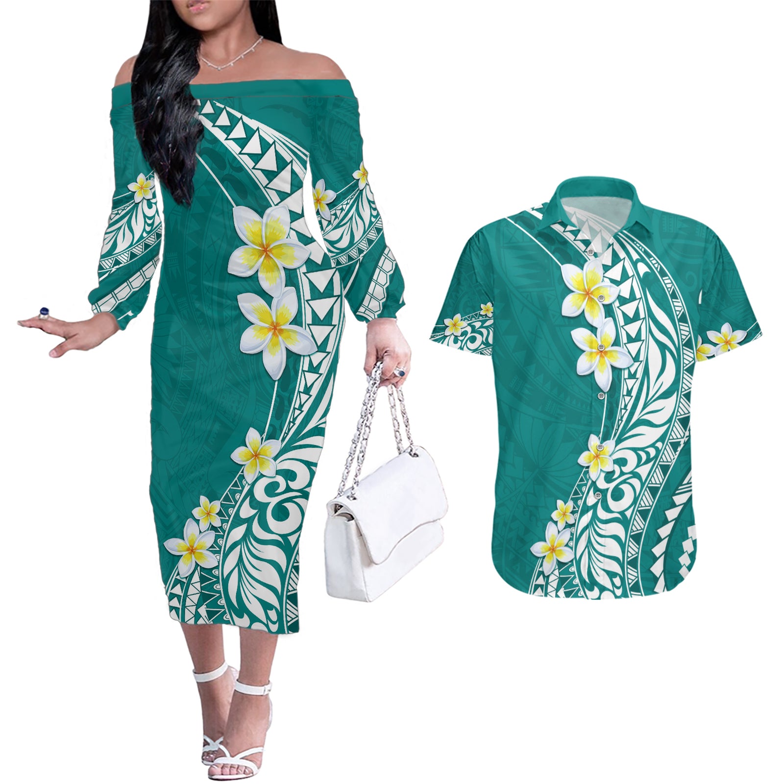 Hawaii Aloha Couples Matching Off The Shoulder Long Sleeve Dress and Hawaiian Shirt Plumeria Vintage - Teal LT7 Teal - Polynesian Pride