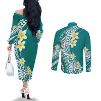 Hawaii Aloha Couples Matching Off The Shoulder Long Sleeve Dress and Long Sleeve Button Shirt Plumeria Vintage - Teal LT7 - Polynesian Pride