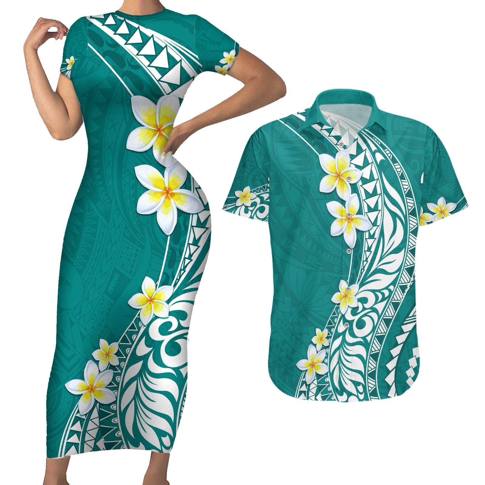 Hawaii Aloha Couples Matching Short Sleeve Bodycon Dress and Hawaiian Shirt Plumeria Vintage - Teal LT7 Teal - Polynesian Pride