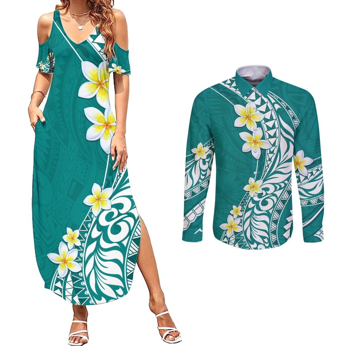 Hawaii Aloha Couples Matching Summer Maxi Dress and Long Sleeve Button Shirt Plumeria Vintage - Teal LT7 Teal - Polynesian Pride