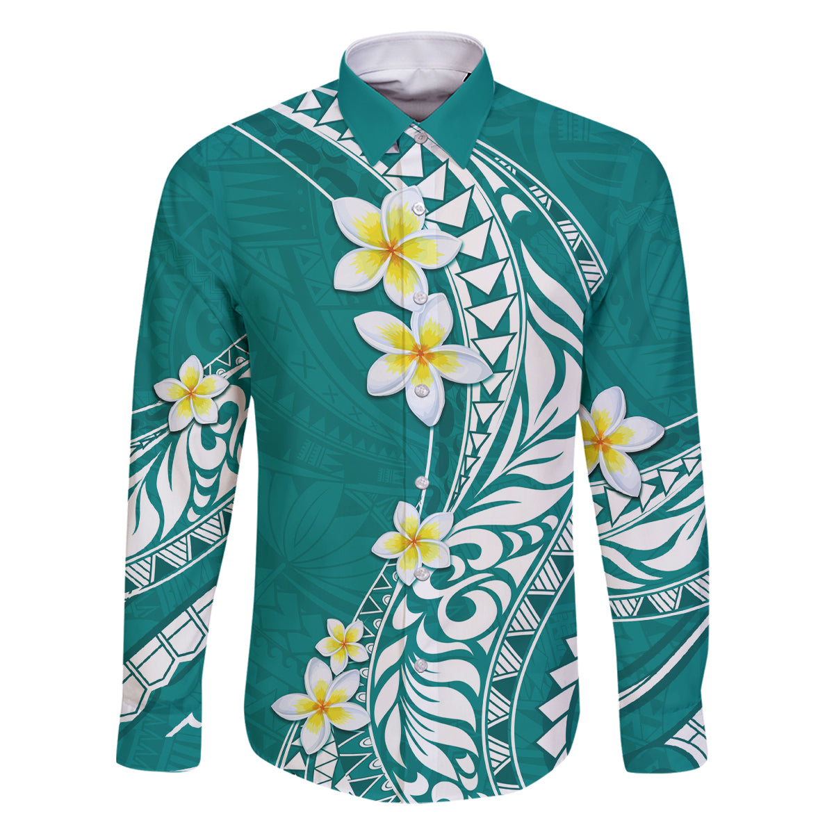 Hawaii Aloha Family Matching Off Shoulder Long Sleeve Dress and Hawaiian Shirt Plumeria Vintage - Teal LT7 Dad's Shirt - Long Sleeve Teal - Polynesian Pride