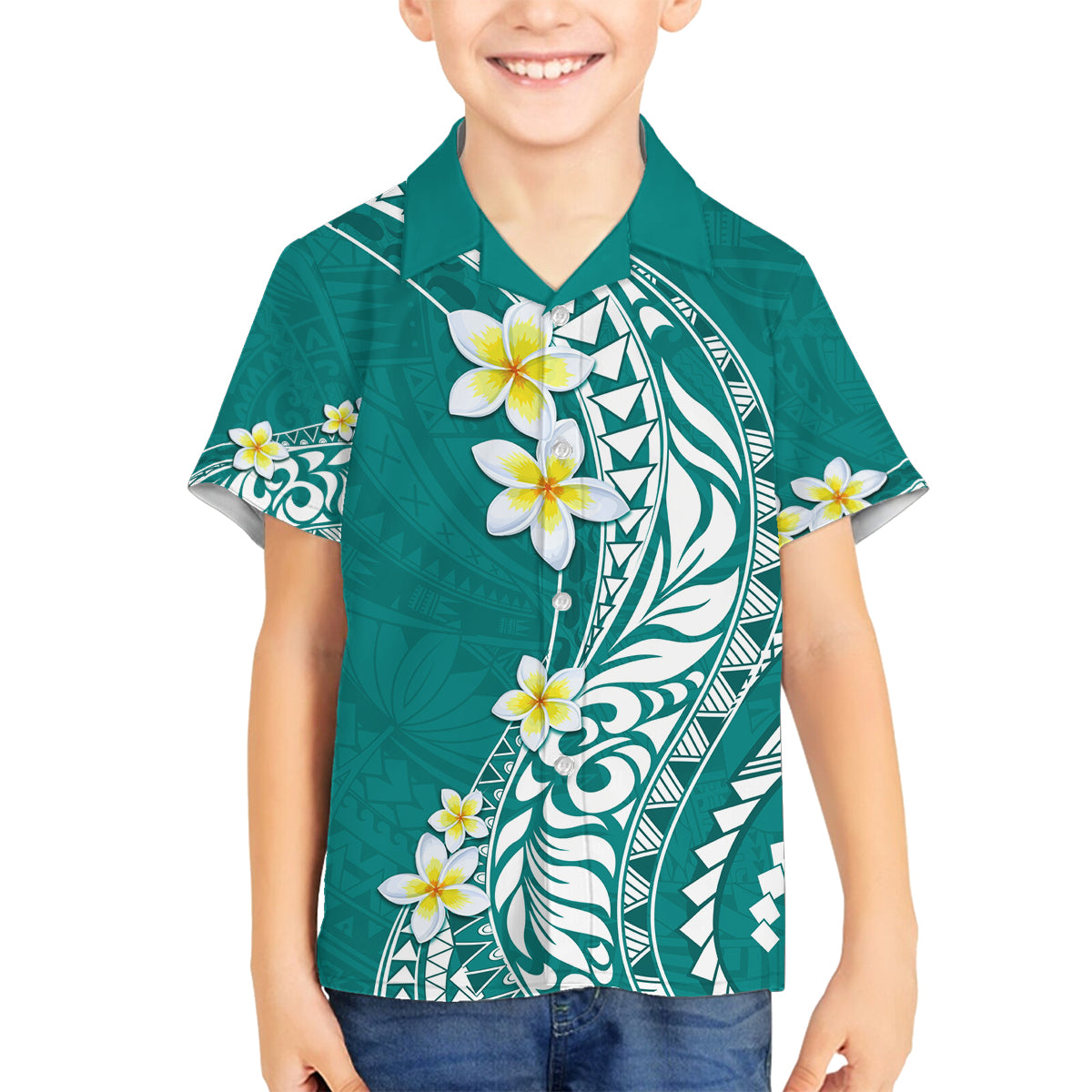Hawaii Aloha Family Matching Off Shoulder Short Dress and Hawaiian Shirt Plumeria Vintage - Teal LT7 Son's Shirt Teal - Polynesian Pride