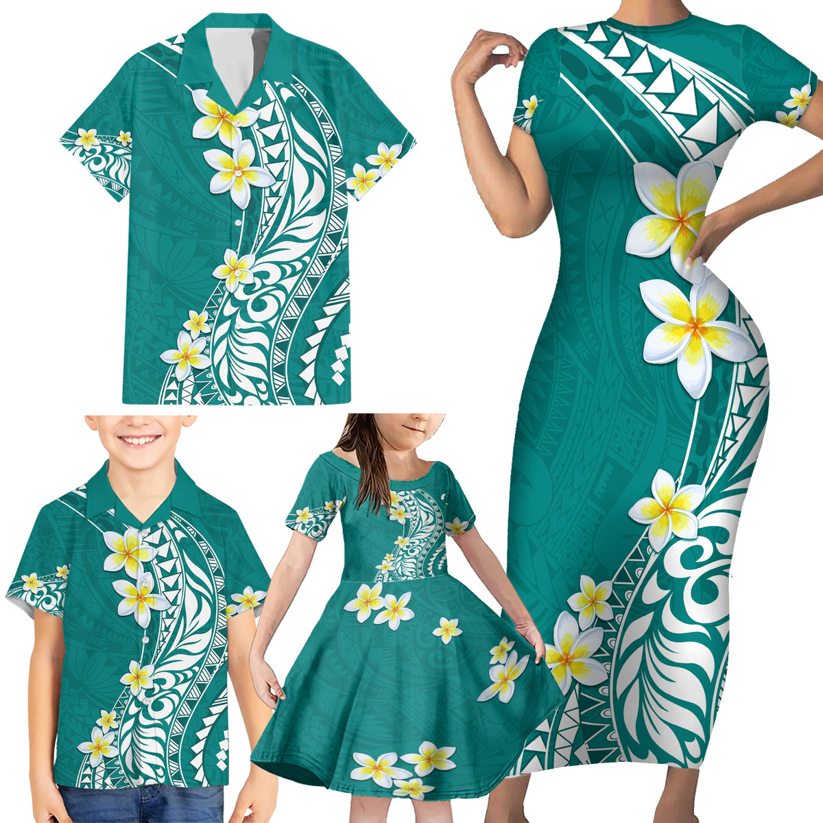 Hawaii Aloha Family Matching Short Sleeve Bodycon Dress and Hawaiian Shirt Plumeria Vintage - Teal LT7 - Polynesian Pride