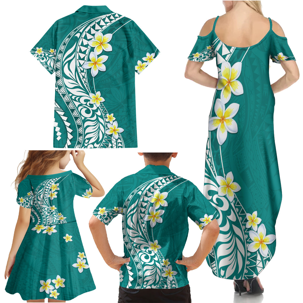 Hawaii Aloha Family Matching Summer Maxi Dress and Hawaiian Shirt Plumeria Vintage - Teal LT7 - Polynesian Pride