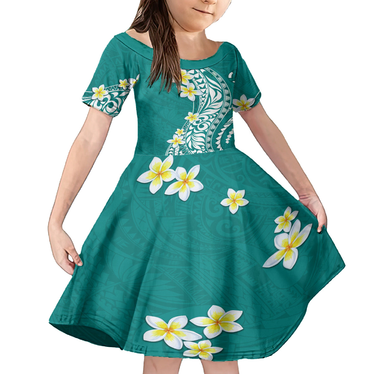 Hawaii Aloha Kid Short Sleeve Dress Plumeria Vintage - Teal LT7 KID Teal - Polynesian Pride