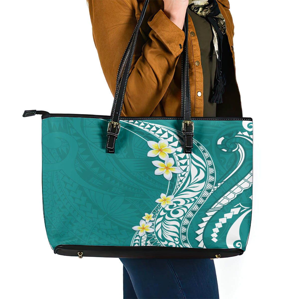 Hawaii Aloha Leather Tote Bag Plumeria Vintage - Teal LT7 - Polynesian Pride