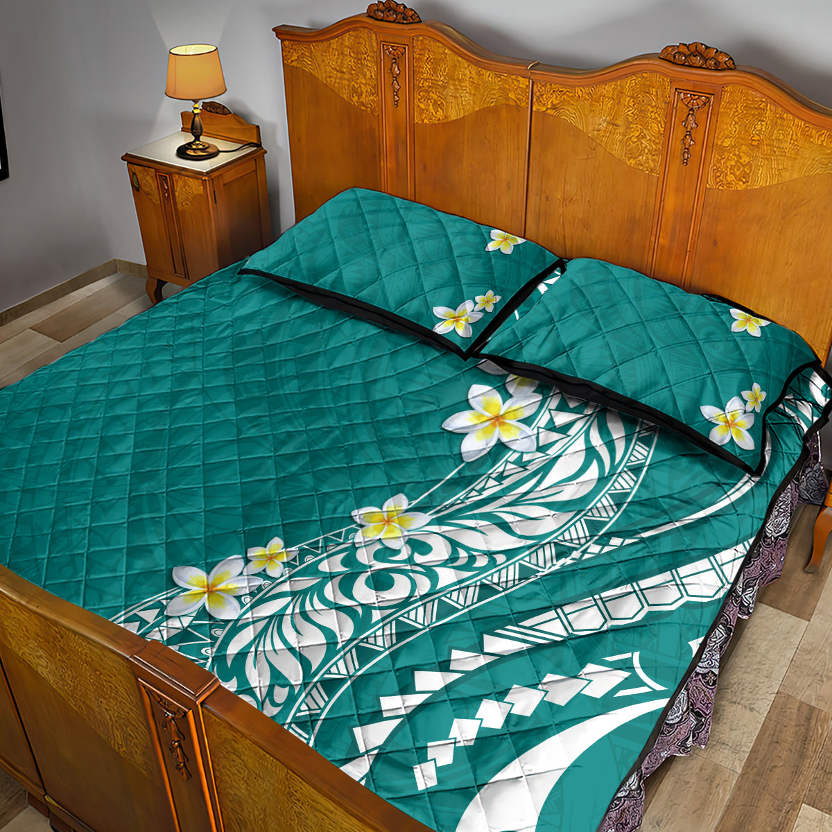 Hawaii Aloha Quilt Bed Set Plumeria Vintage - Teal LT7 - Polynesian Pride