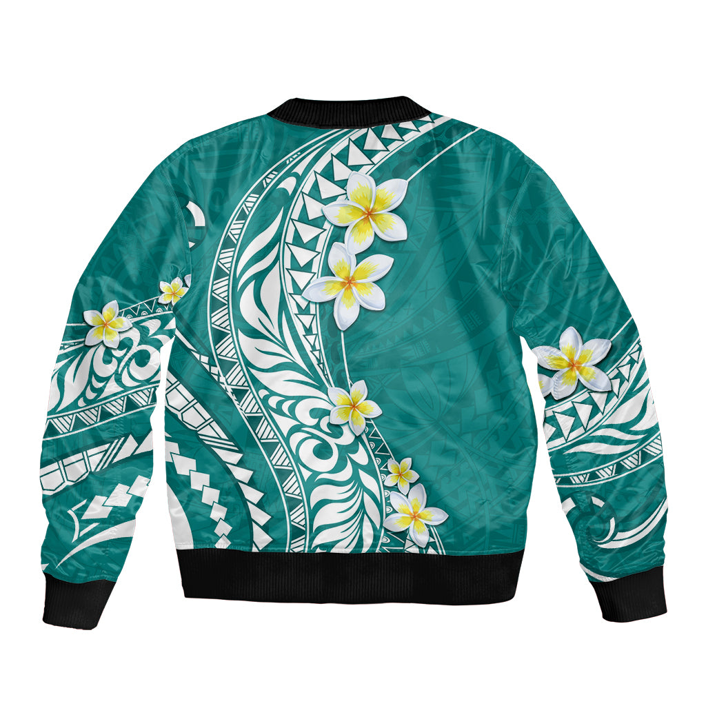 Hawaii Aloha Sleeve Zip Bomber Jacket Plumeria Vintage - Teal LT7 - Polynesian Pride