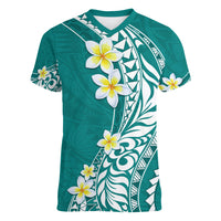 Hawaii Aloha Women V Neck T Shirt Plumeria Vintage - Teal LT7 Female Teal - Polynesian Pride