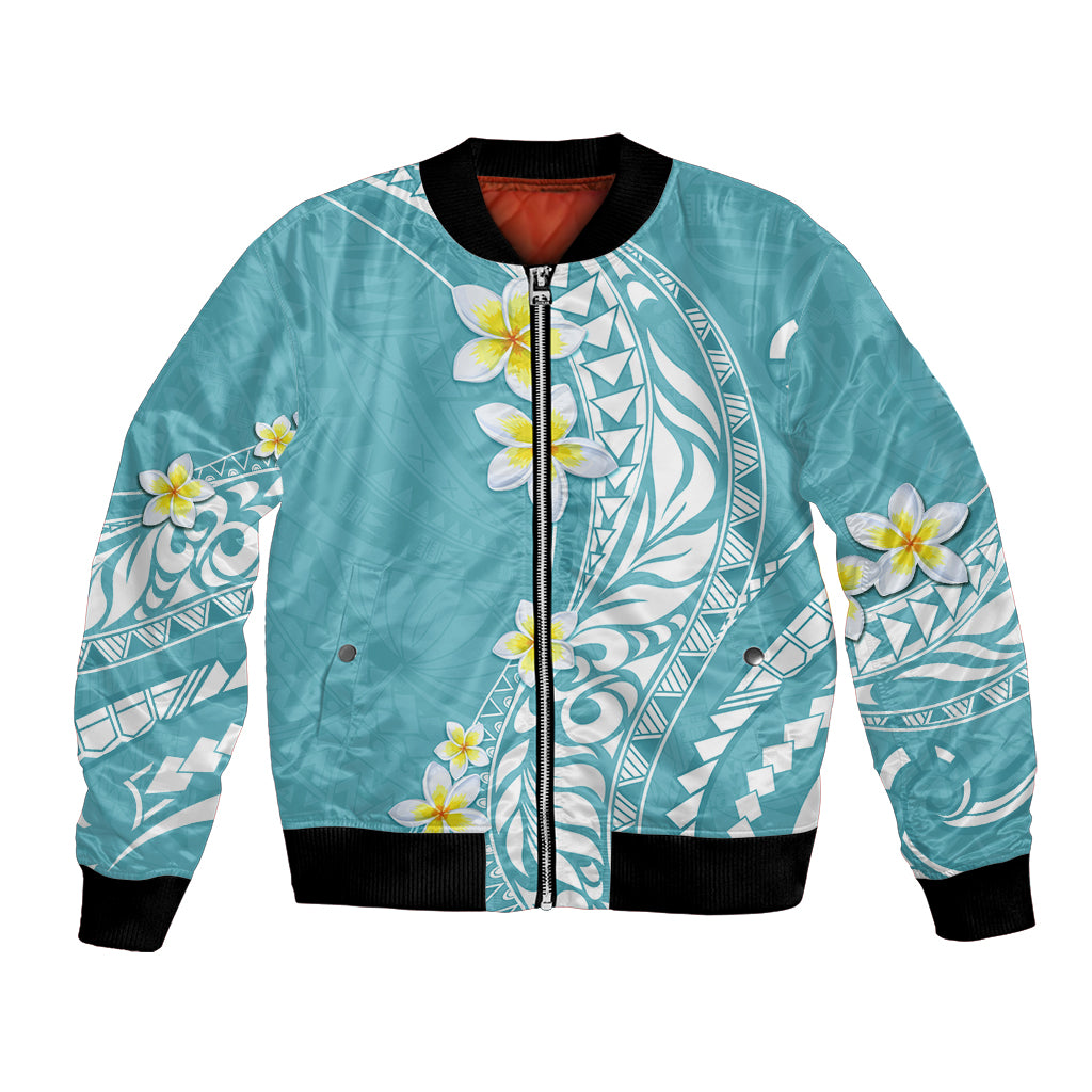 Hawaii Aloha Bomber Jacket Plumeria Vintage - Turquoise LT7 Unisex Turquoise - Polynesian Pride