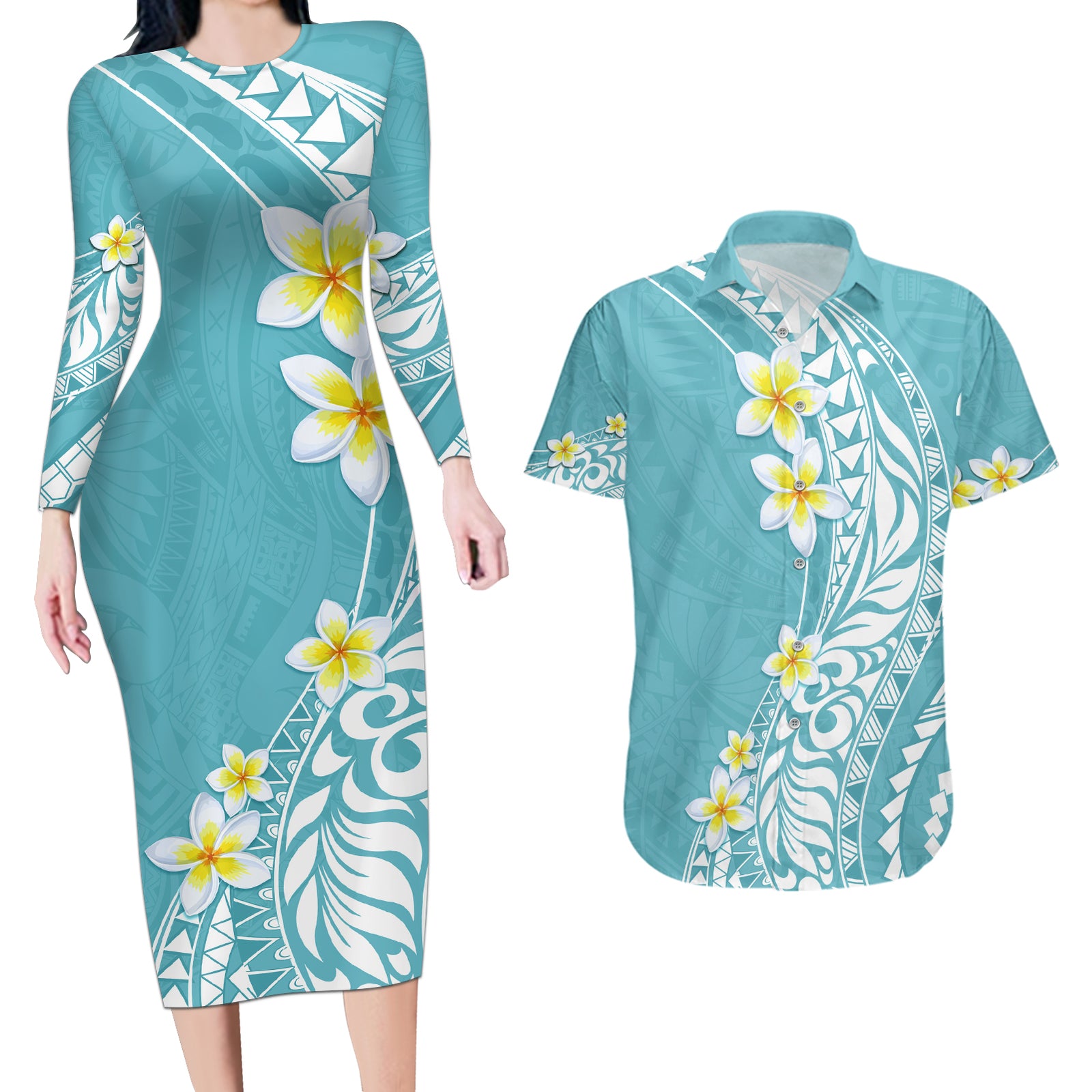 Hawaii Aloha Couples Matching Long Sleeve Bodycon Dress and Hawaiian Shirt Plumeria Vintage - Turquoise LT7 Turquoise - Polynesian Pride