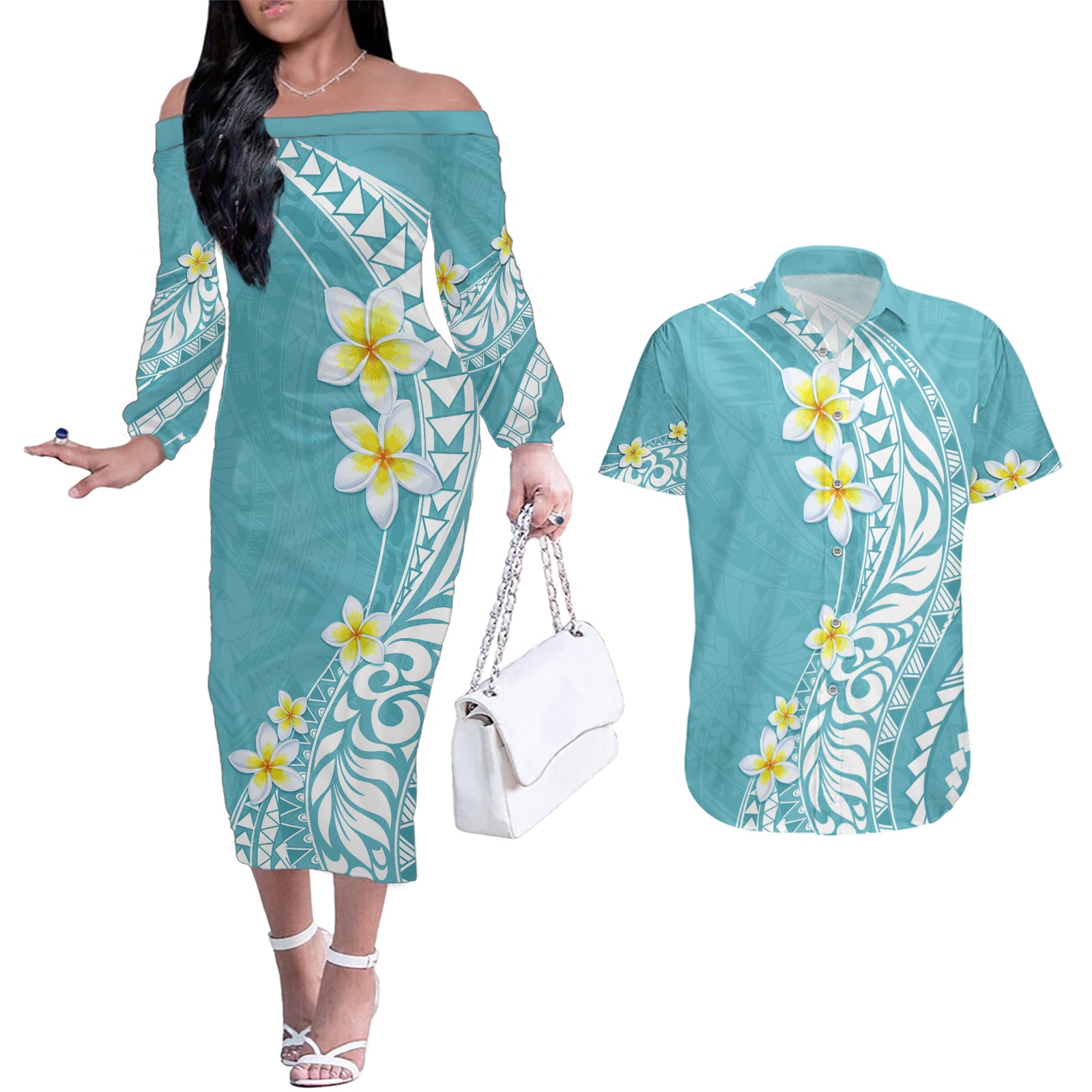 Hawaii Aloha Couples Matching Off The Shoulder Long Sleeve Dress and Hawaiian Shirt Plumeria Vintage - Turquoise LT7 Turquoise - Polynesian Pride