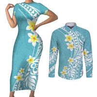 Hawaii Aloha Couples Matching Short Sleeve Bodycon Dress and Long Sleeve Button Shirt Plumeria Vintage - Turquoise LT7 Turquoise - Polynesian Pride
