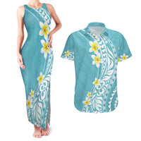 Hawaii Aloha Couples Matching Tank Maxi Dress and Hawaiian Shirt Plumeria Vintage - Turquoise LT7 Turquoise - Polynesian Pride