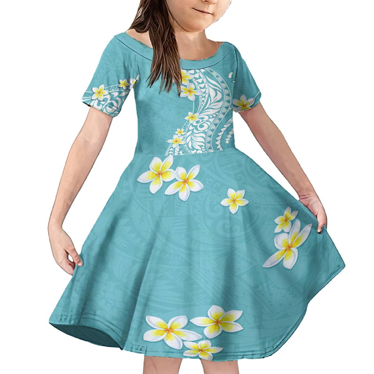 Hawaii Aloha Family Matching Summer Maxi Dress and Hawaiian Shirt Plumeria Vintage - Turquoise LT7 Daughter's Dress Turquoise - Polynesian Pride
