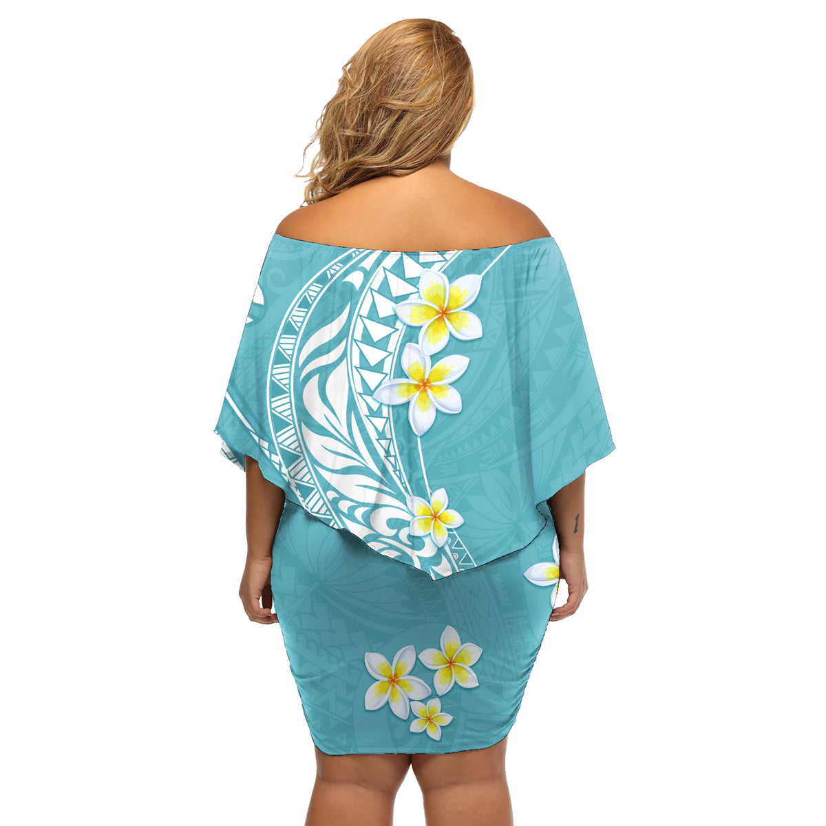 Hawaii Aloha Off Shoulder Short Dress Plumeria Vintage - Turquoise LT7 - Polynesian Pride