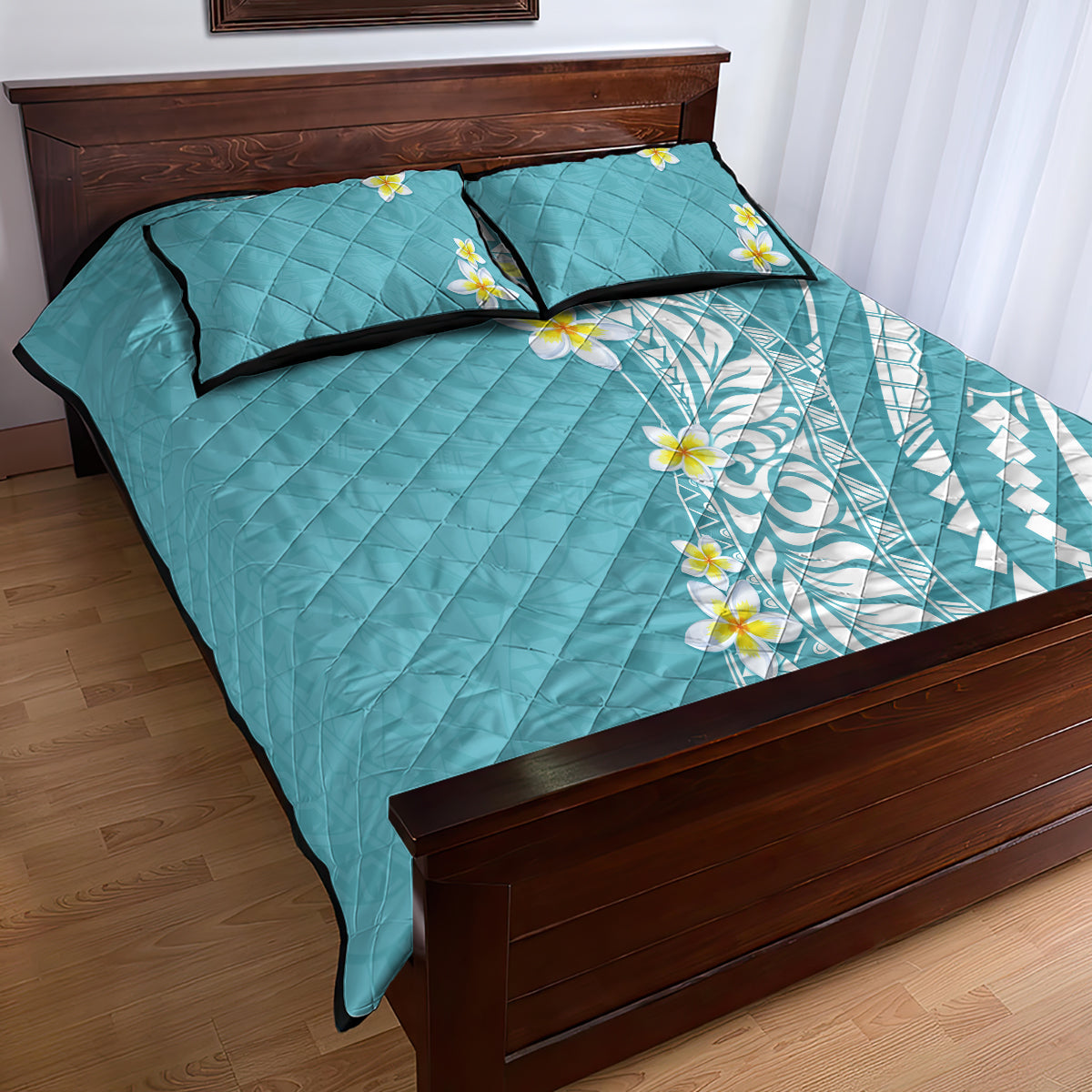 Hawaii Aloha Quilt Bed Set Plumeria Vintage - Turquoise LT7 - Polynesian Pride