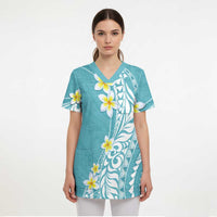Hawaii Aloha Scrub Top Plumeria Vintage - Turquoise - Polynesian Pride