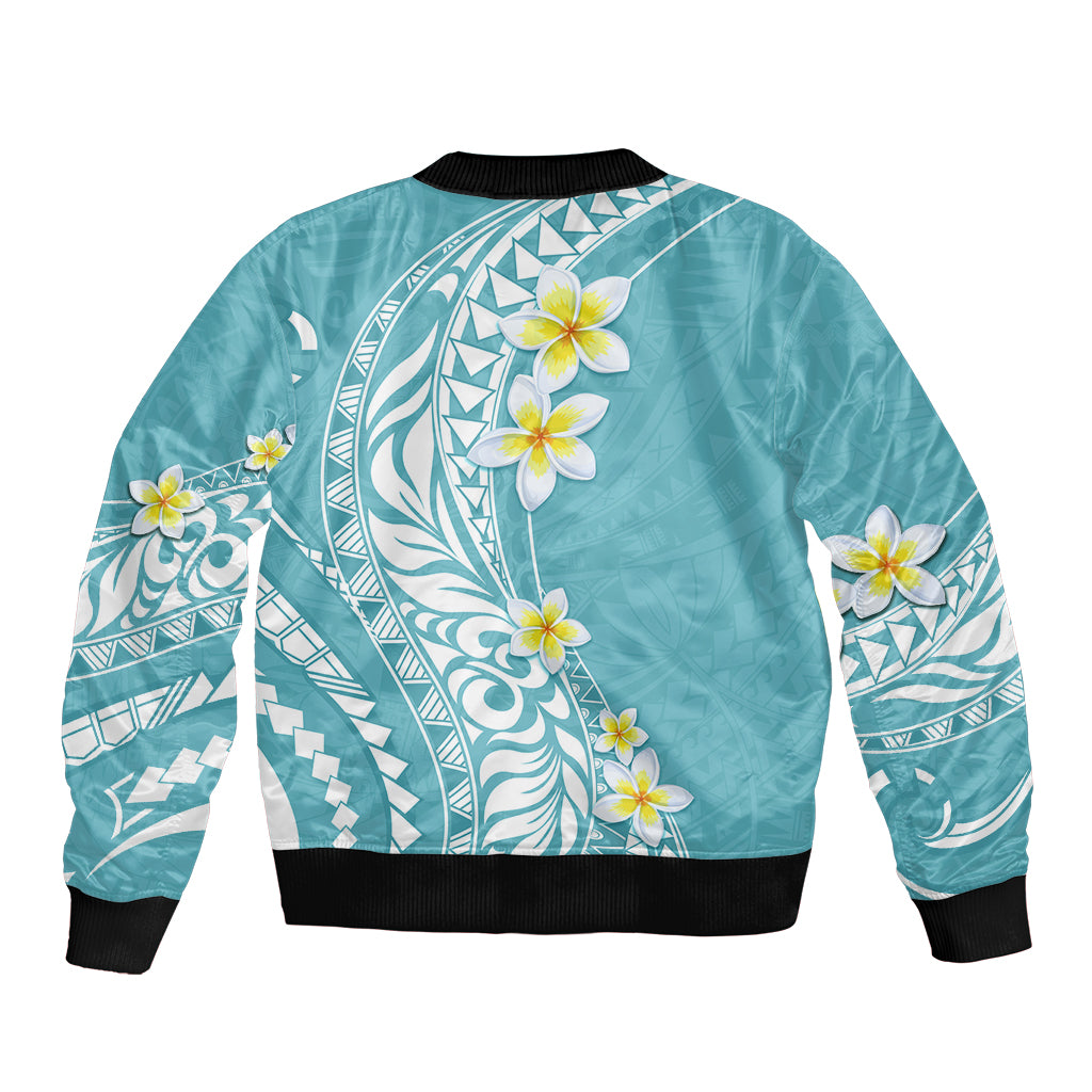 Hawaii Aloha Sleeve Zip Bomber Jacket Plumeria Vintage - Turquoise LT7 - Polynesian Pride