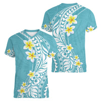 Hawaii Aloha Women V Neck T Shirt Plumeria Vintage - Turquoise LT7 - Polynesian Pride