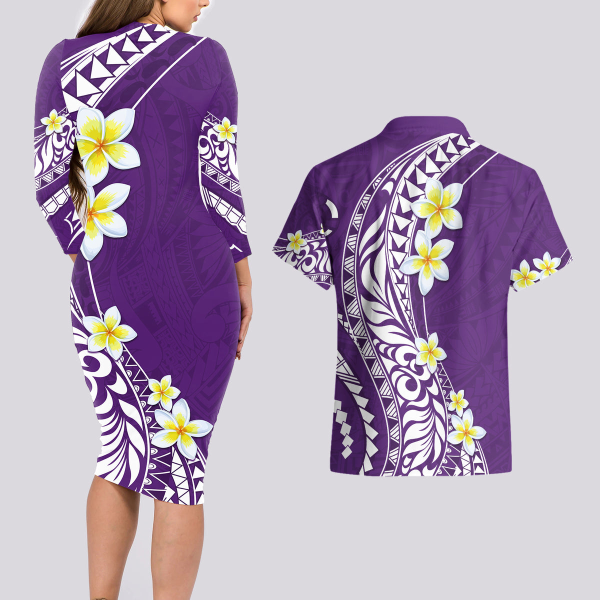 Hawaii Aloha Couples Matching Long Sleeve Bodycon Dress and Hawaiian Shirt Plumeria Vintage - Violet LT7 - Polynesian Pride