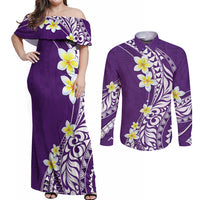 Hawaii Aloha Couples Matching Off Shoulder Maxi Dress and Long Sleeve Button Shirt Plumeria Vintage - Violet LT7 Violet - Polynesian Pride
