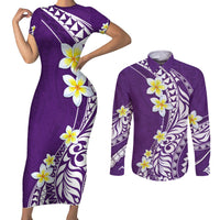 Hawaii Aloha Couples Matching Short Sleeve Bodycon Dress and Long Sleeve Button Shirt Plumeria Vintage - Violet LT7 Violet - Polynesian Pride