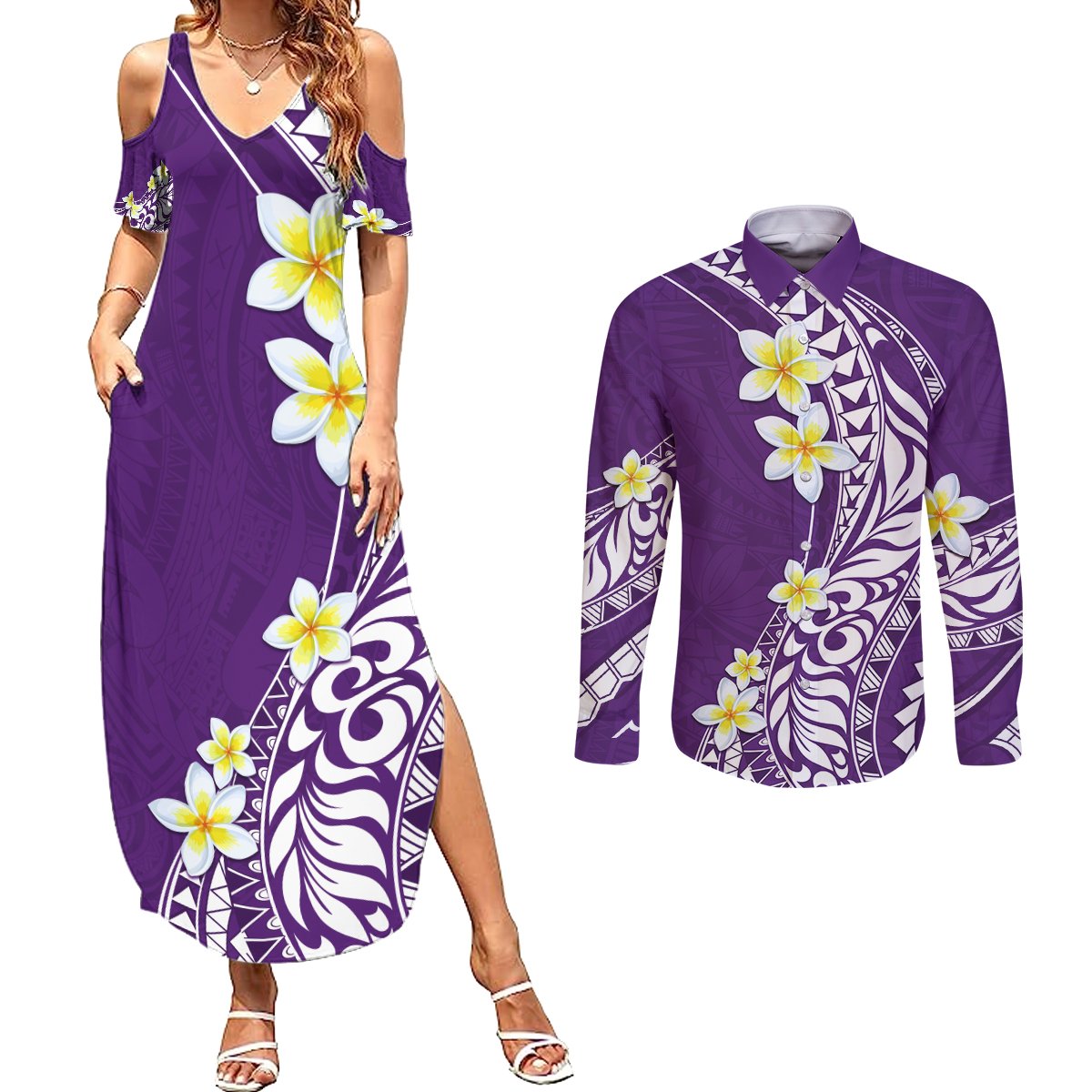 Hawaii Aloha Couples Matching Summer Maxi Dress and Long Sleeve Button Shirt Plumeria Vintage - Violet LT7 Violet - Polynesian Pride