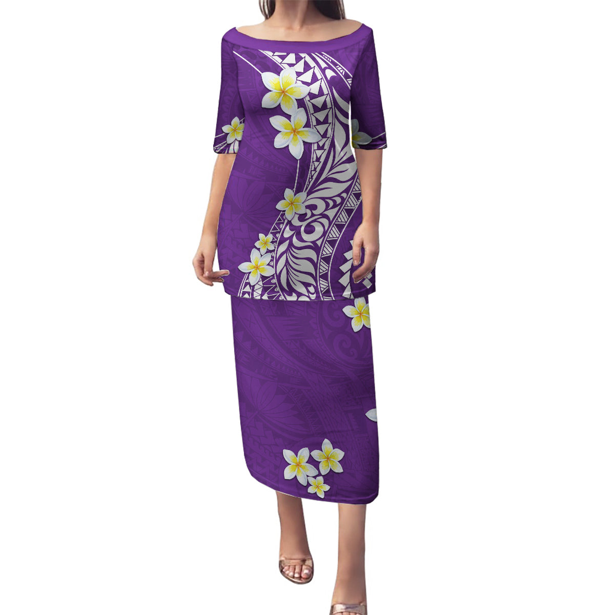 Hawaii Aloha Family Matching Puletasi Dress and Hawaiian Shirt Plumeria Vintage - Violet LT7 Mom's Dress Violet - Polynesian Pride