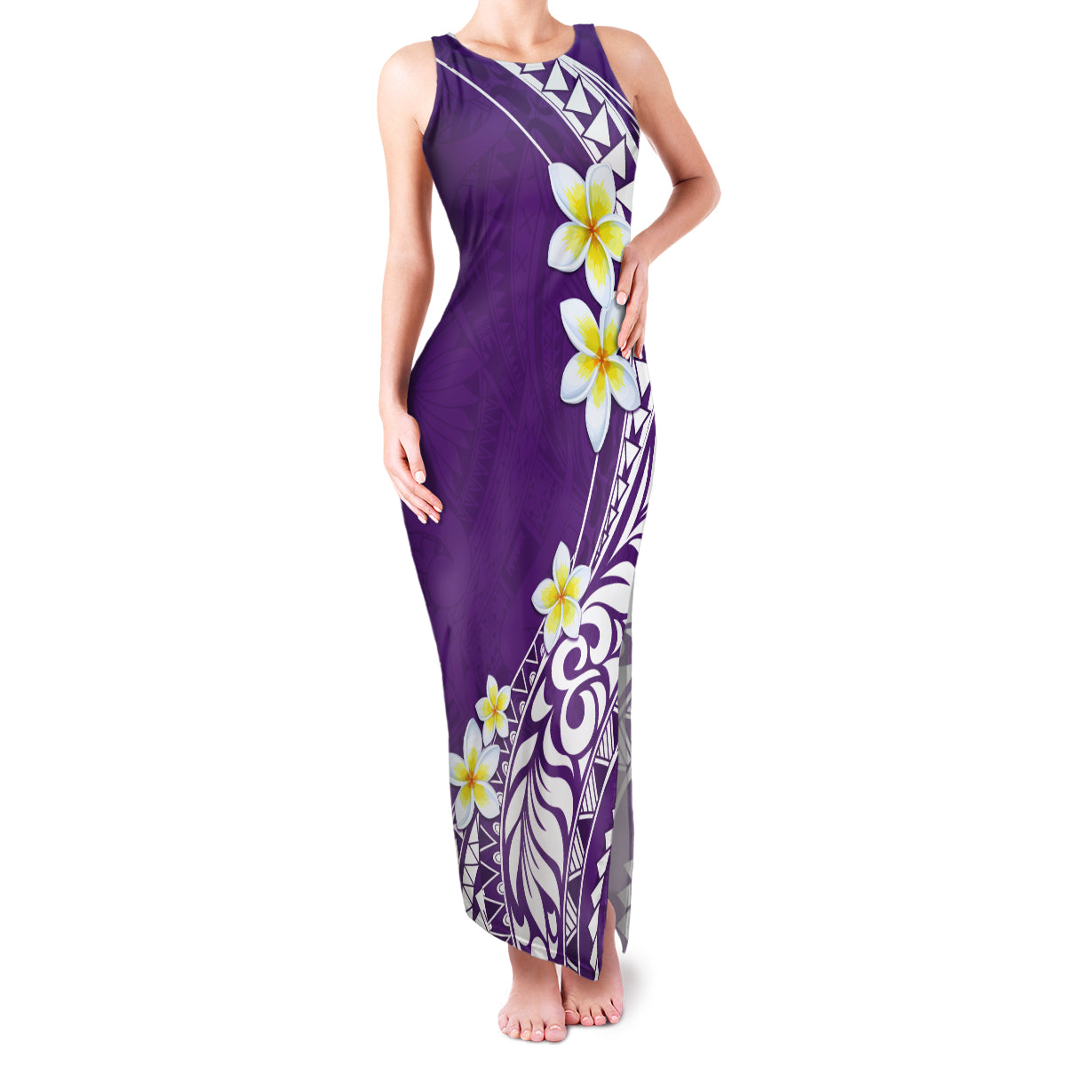 Hawaii Aloha Family Matching Tank Maxi Dress and Hawaiian Shirt Plumeria Vintage - Violet LT7 Mom's Dress Violet - Polynesian Pride