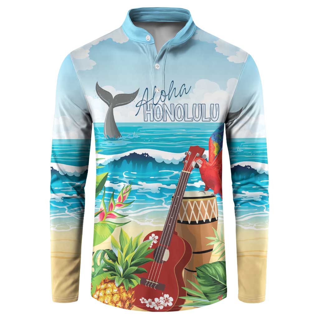 Aloha Honolulu Festival Button Sweatshirt Ukulele By The Shore