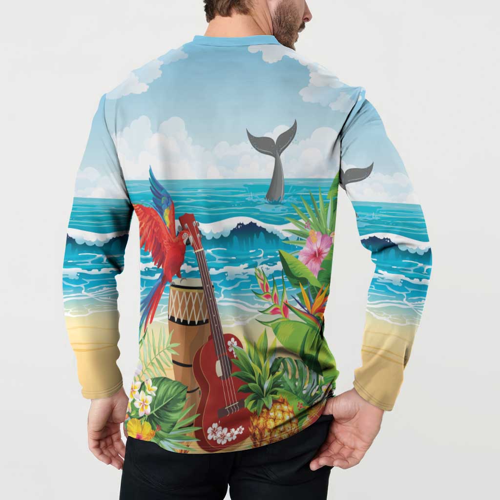 Aloha Honolulu Festival Button Sweatshirt Ukulele By The Shore