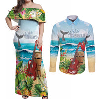 Aloha Honolulu Festival Couples Matching Off Shoulder Maxi Dress and Long Sleeve Button Shirt Ukulele By The Shore