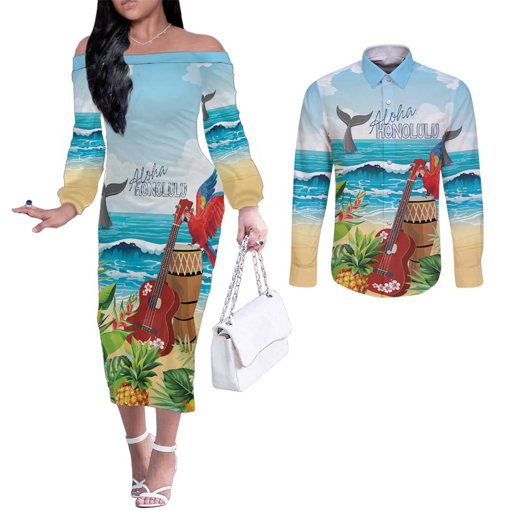 Aloha Honolulu Festival Couples Matching Off The Shoulder Long Sleeve Dress and Long Sleeve Button Shirt Ukulele By The Shore
