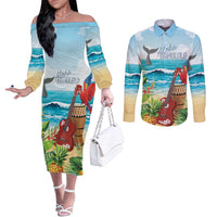 Aloha Honolulu Festival Couples Matching Off The Shoulder Long Sleeve Dress and Long Sleeve Button Shirt Ukulele By The Shore