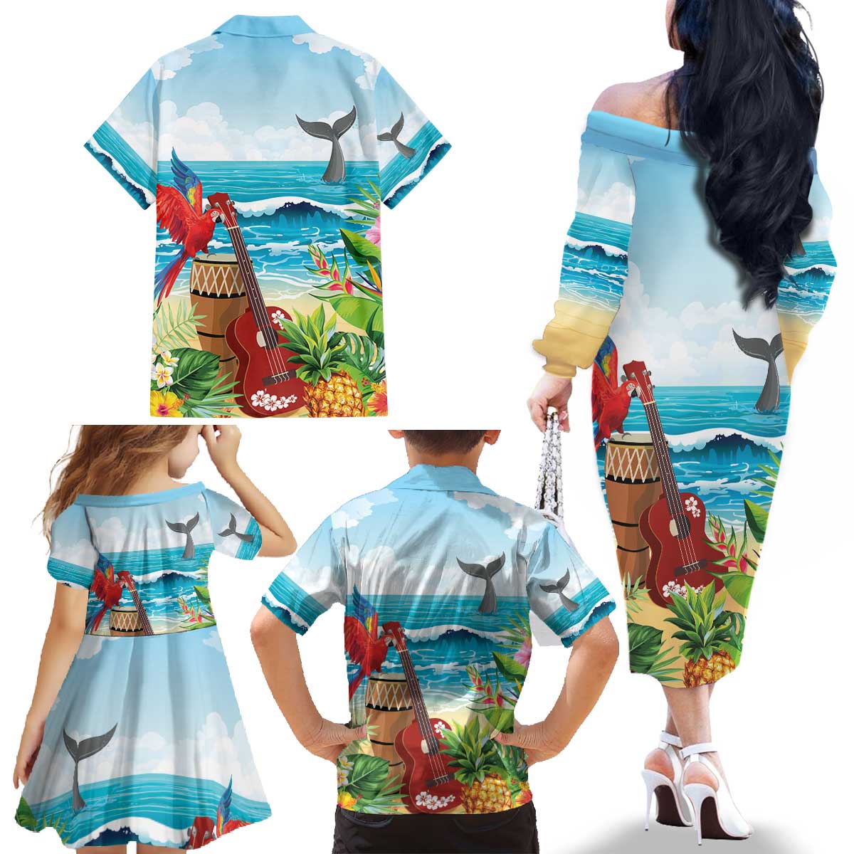 Aloha Honolulu Festival Family Matching Off The Shoulder Long Sleeve Dress and Hawaiian Shirt Ukulele By The Shore