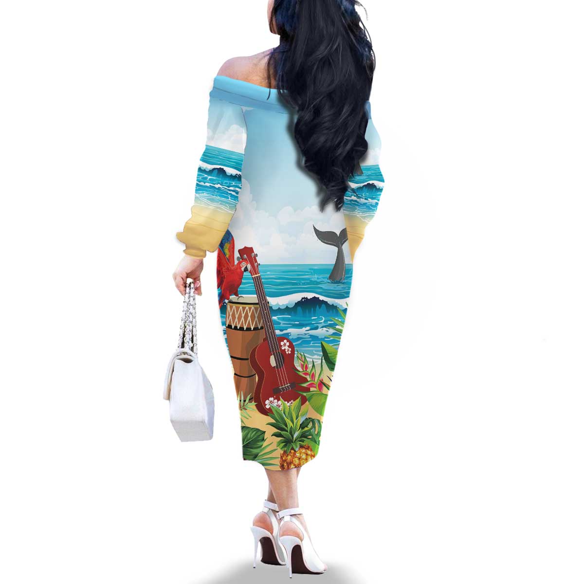 Aloha Honolulu Festival Family Matching Off The Shoulder Long Sleeve Dress and Hawaiian Shirt Ukulele By The Shore