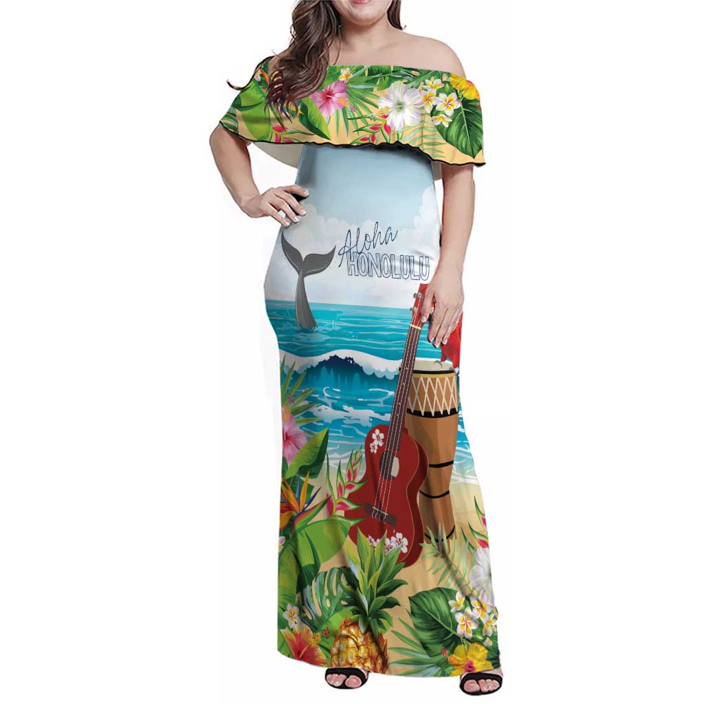 Aloha Honolulu Festival Family Matching Off Shoulder Maxi Dress and Hawaiian Shirt Ukulele By The Shore