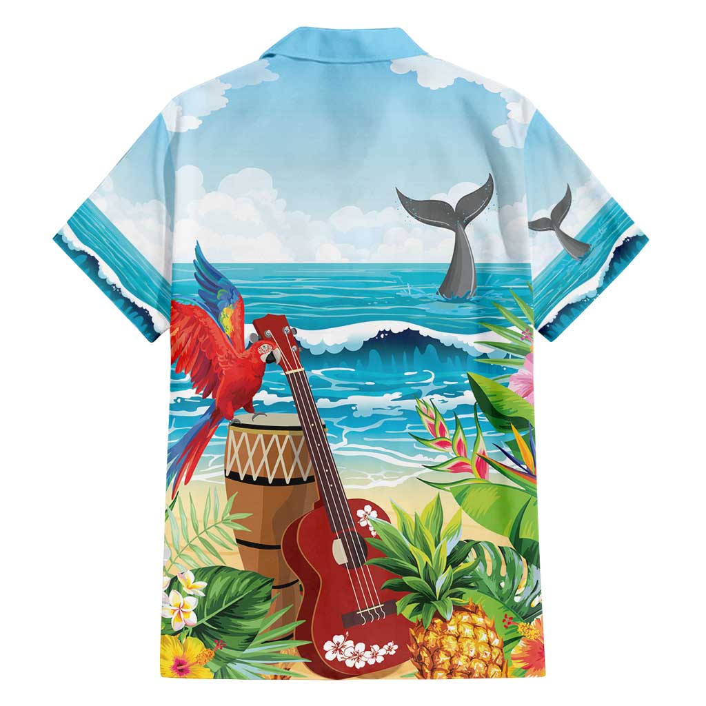 Aloha Honolulu Festival Family Matching Off Shoulder Short Dress and Hawaiian Shirt Ukulele By The Shore