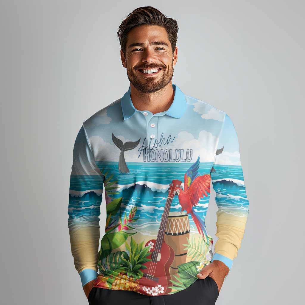 Aloha Honolulu Festival Long Sleeve Polo Shirt Ukulele By The Shore