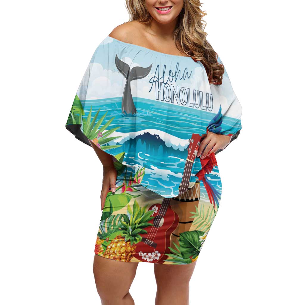 Aloha Honolulu Festival Off Shoulder Short Dress Ukulele By The Shore