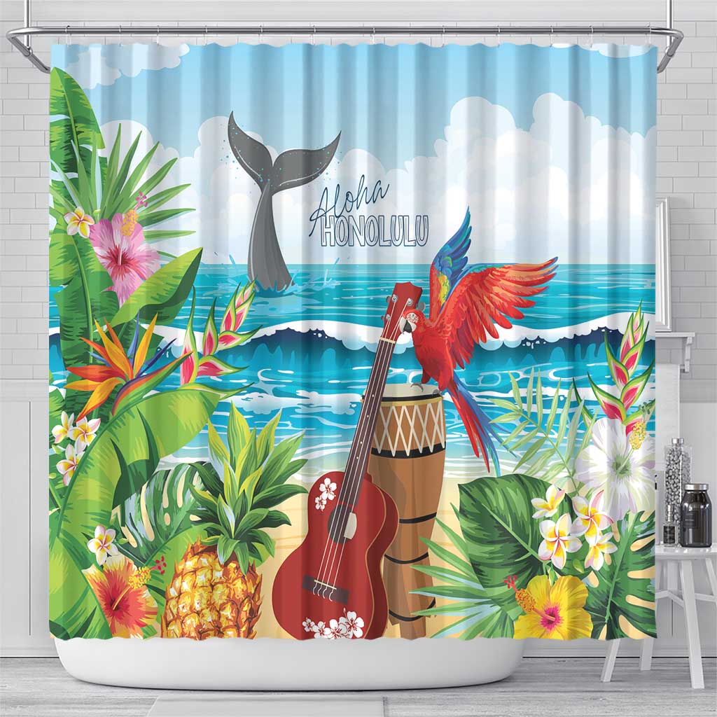 Aloha Honolulu Festival Shower Curtain Ukulele By The Shore