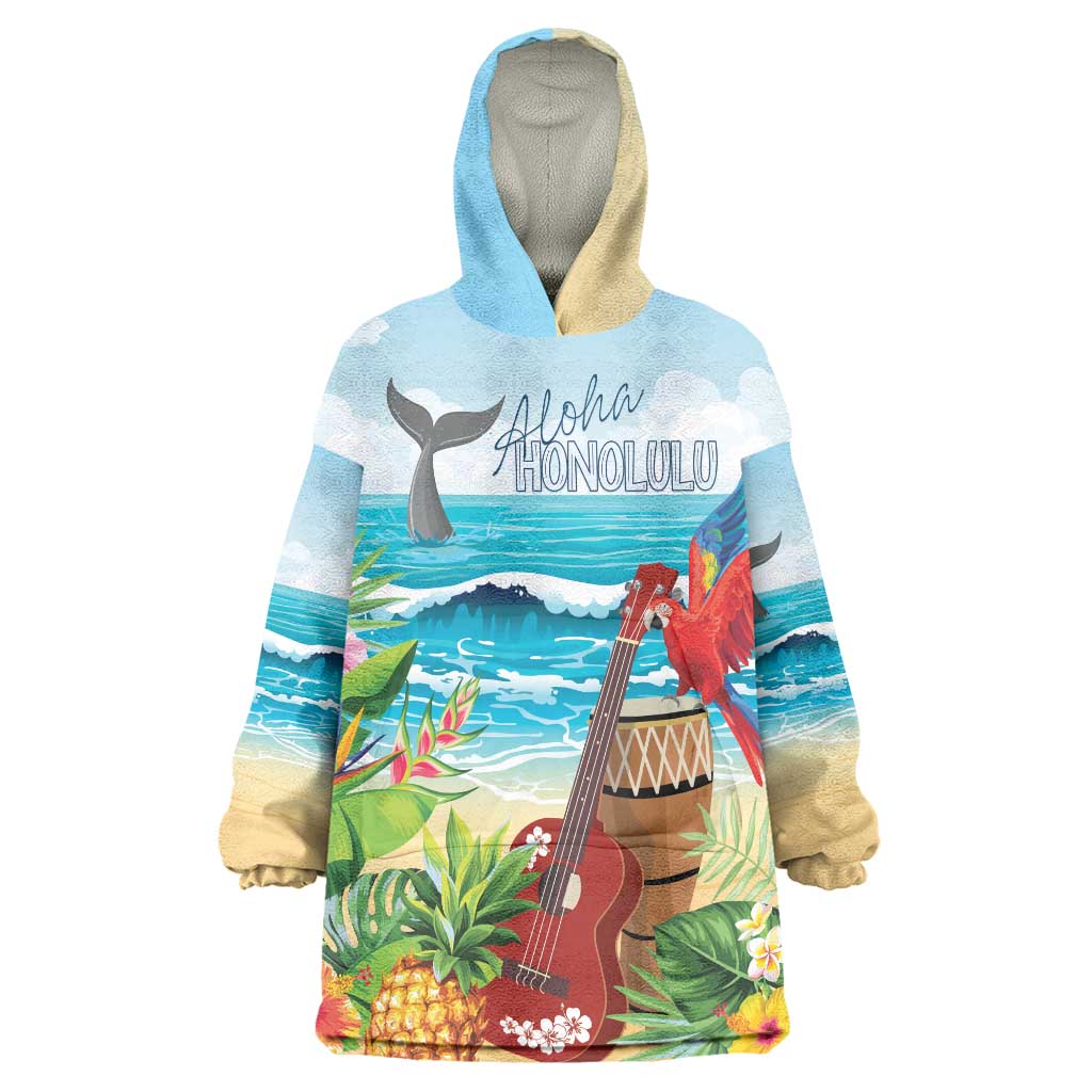 Aloha Honolulu Festival Wearable Blanket Hoodie Ukulele By The Shore